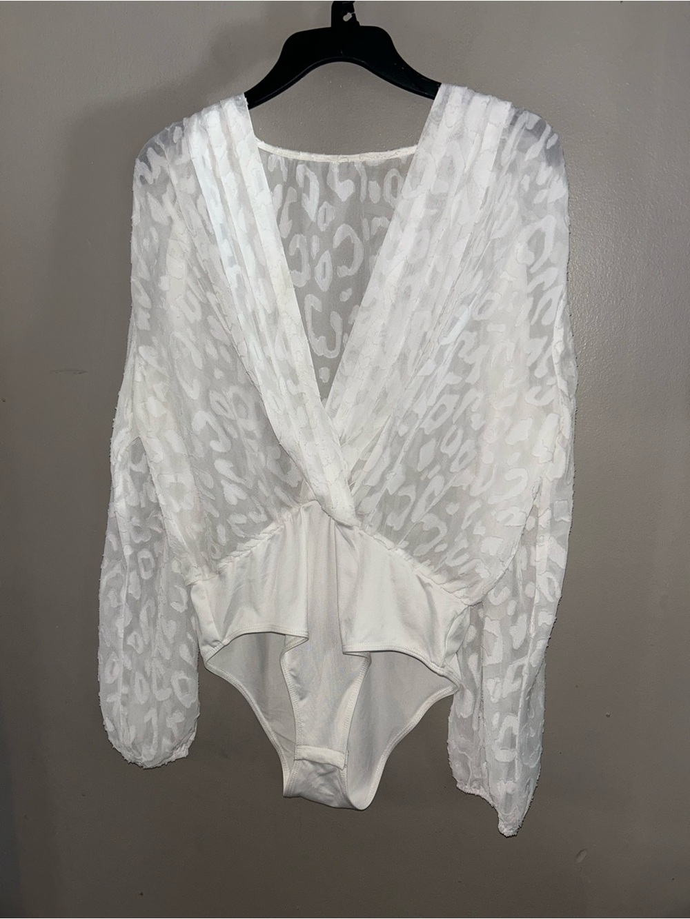 White Bodysuit - flowy surplice full sheer w/animal print texture long sleeve